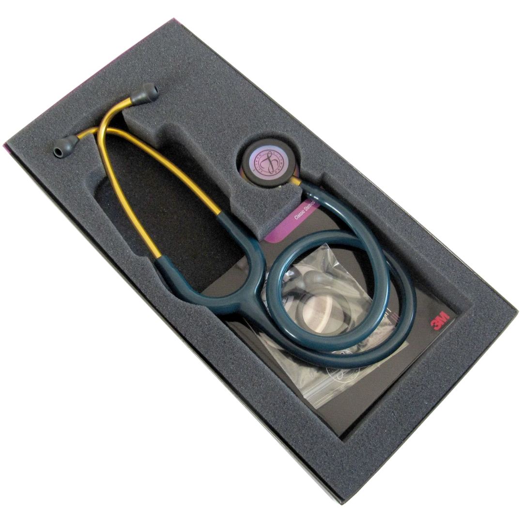 3M Littmann Classic III Rainbow Caribbean stethoscope with dual diaphragm and vibrant blue tubing on white background.