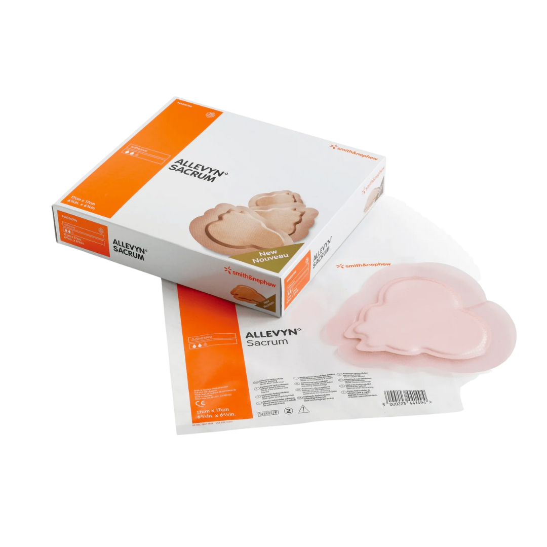 Allevyn Classic Sacrum Foam Dressing with adhesive border – anatomically shaped for secure sacral wound care.