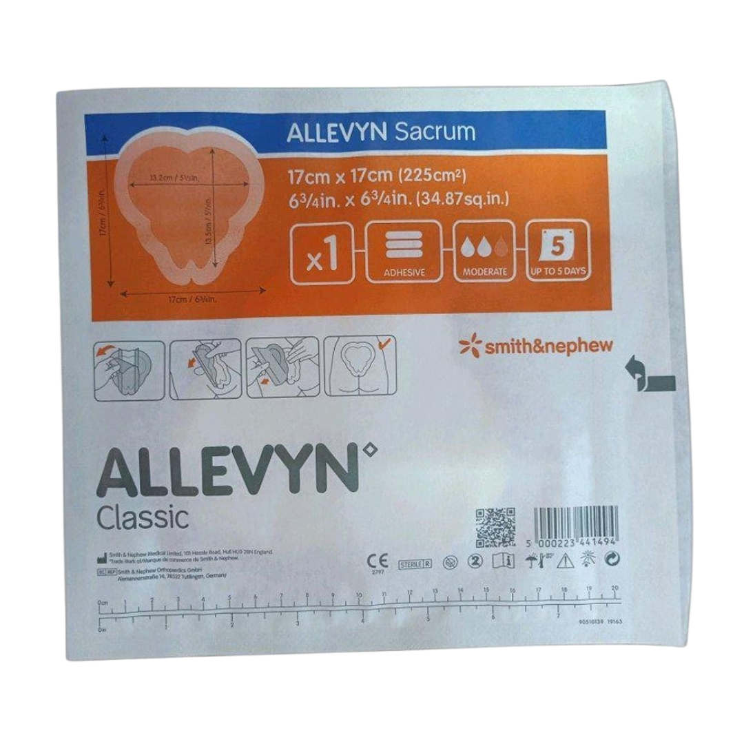 Allevyn Classic Sacrum Foam Dressing with adhesive border – anatomically shaped for secure sacral wound care.