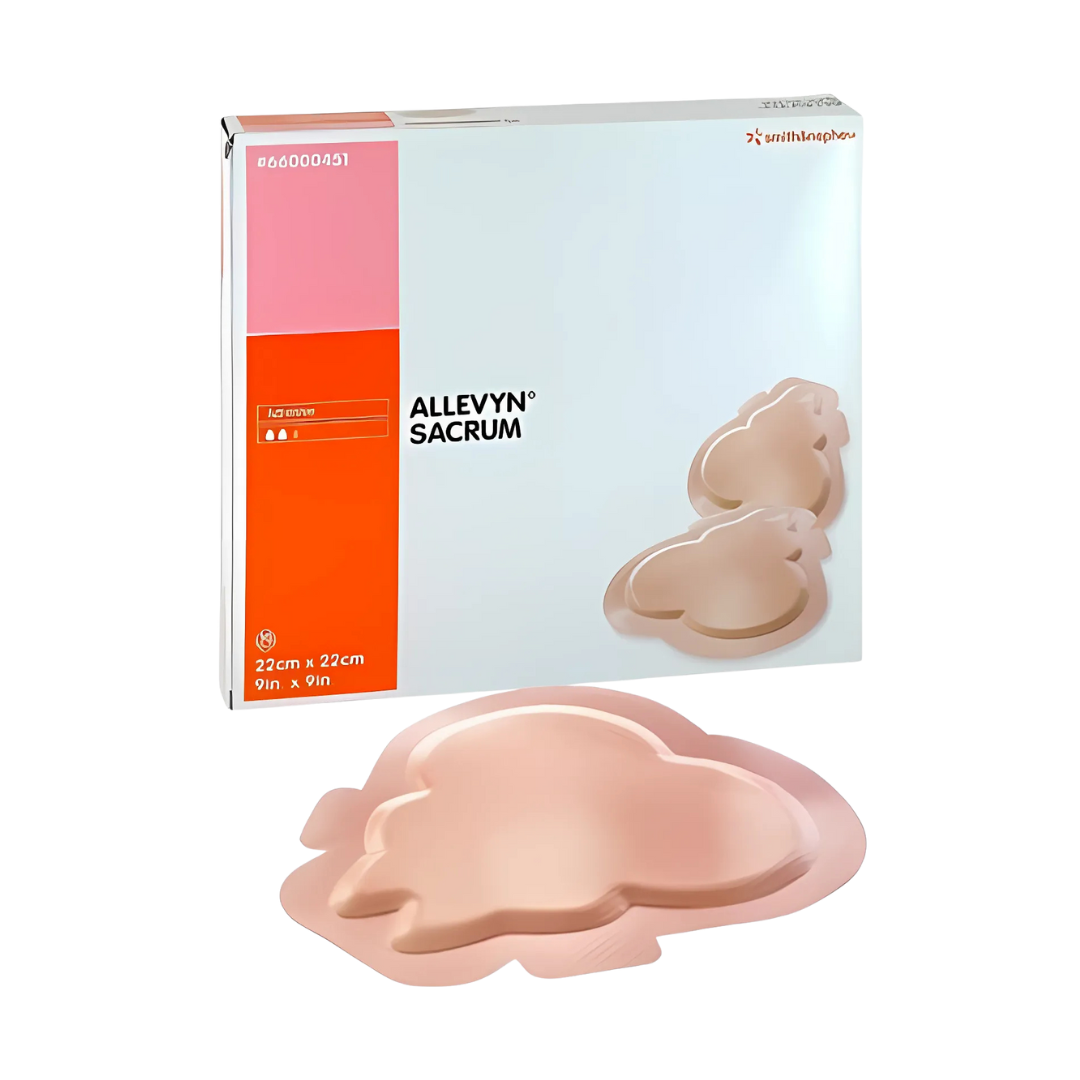 Allevyn Classic Sacrum Foam Dressing with adhesive border – anatomically shaped for secure sacral wound care.