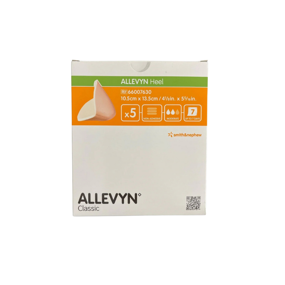 Packaging of Allevyn Heel Non-Adhesive Classic Foam Dressing, showing the product name and size 10.5 x 13.5cm.
