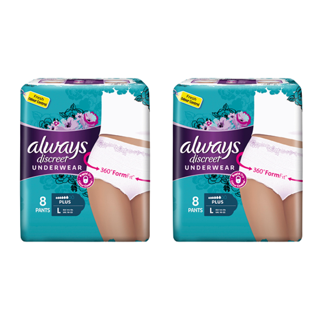 Always Discreet Incontinence Underwear Pant Plus Large – 8 Pack for moderate to heavy bladder leakage