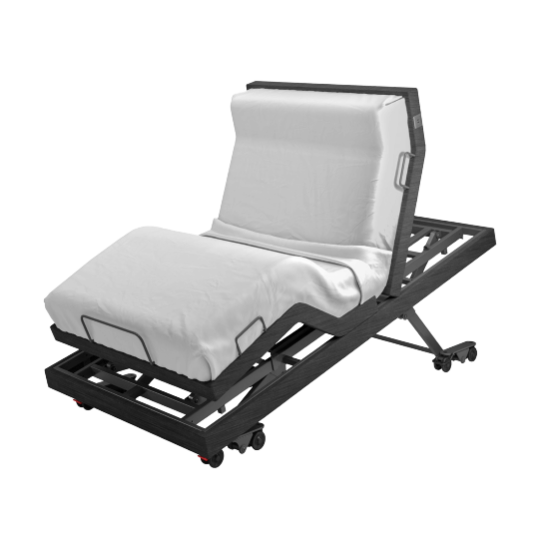 Aspire ComfiMotion Activ Care Ultra Low Bed in upholstered Portobello Grey with adjustable height and head support.