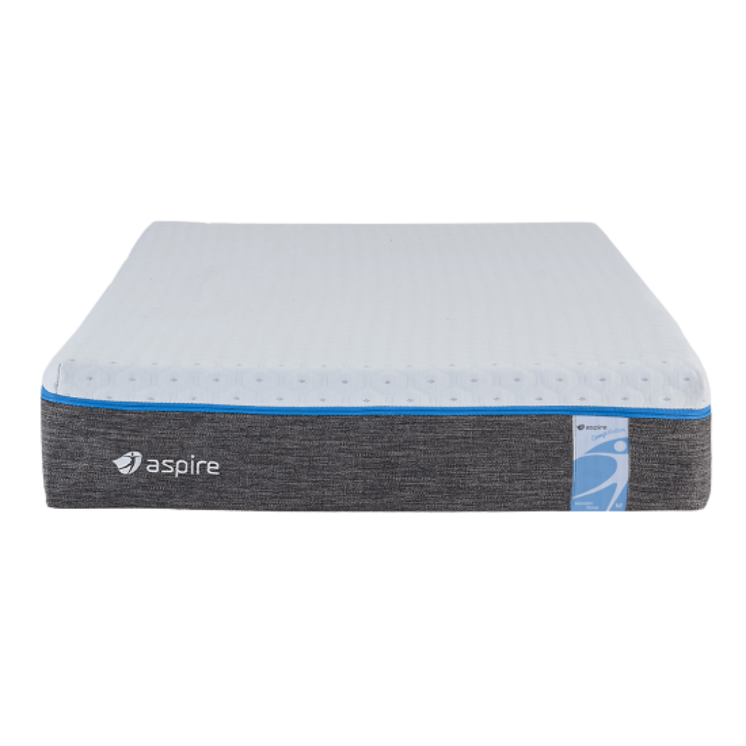Aspire ComfiMotion Memory Foam Mattress in King Single size with Portobello Grey Sides, featuring pressure-relieving foam and breathable stretch-knit cover for comfort and support in home or aged care settings.
