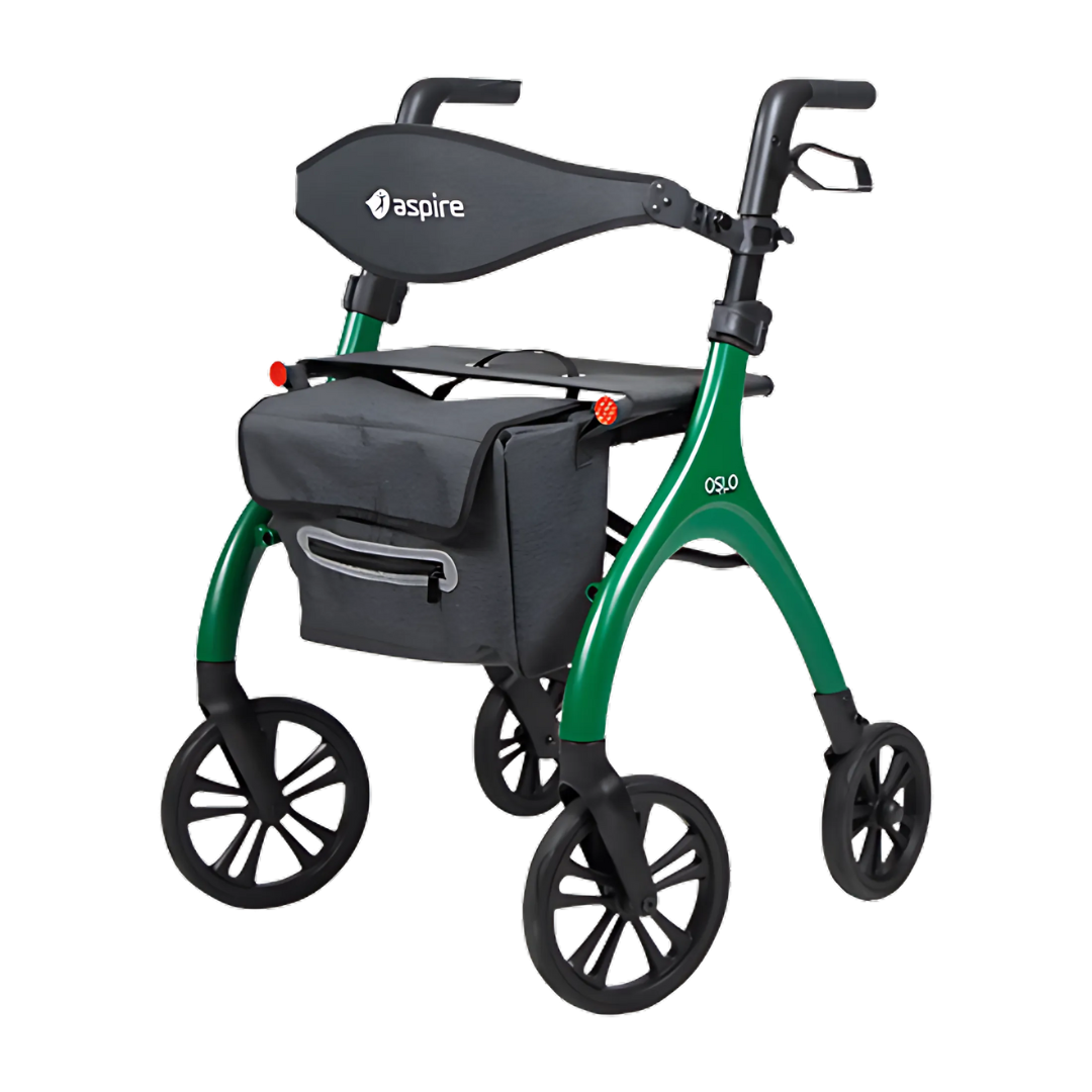 Aspire Oslo Seat Walker – Lightweight black rollator with seat and storage bag.