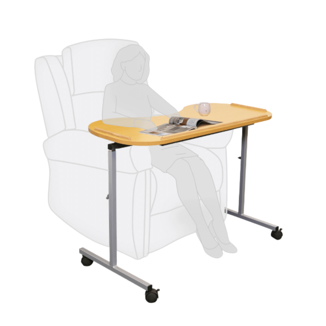 Aspire Overchair Table with beech laminate top, height-adjustable frame and wheels for use over chairs or recliners.