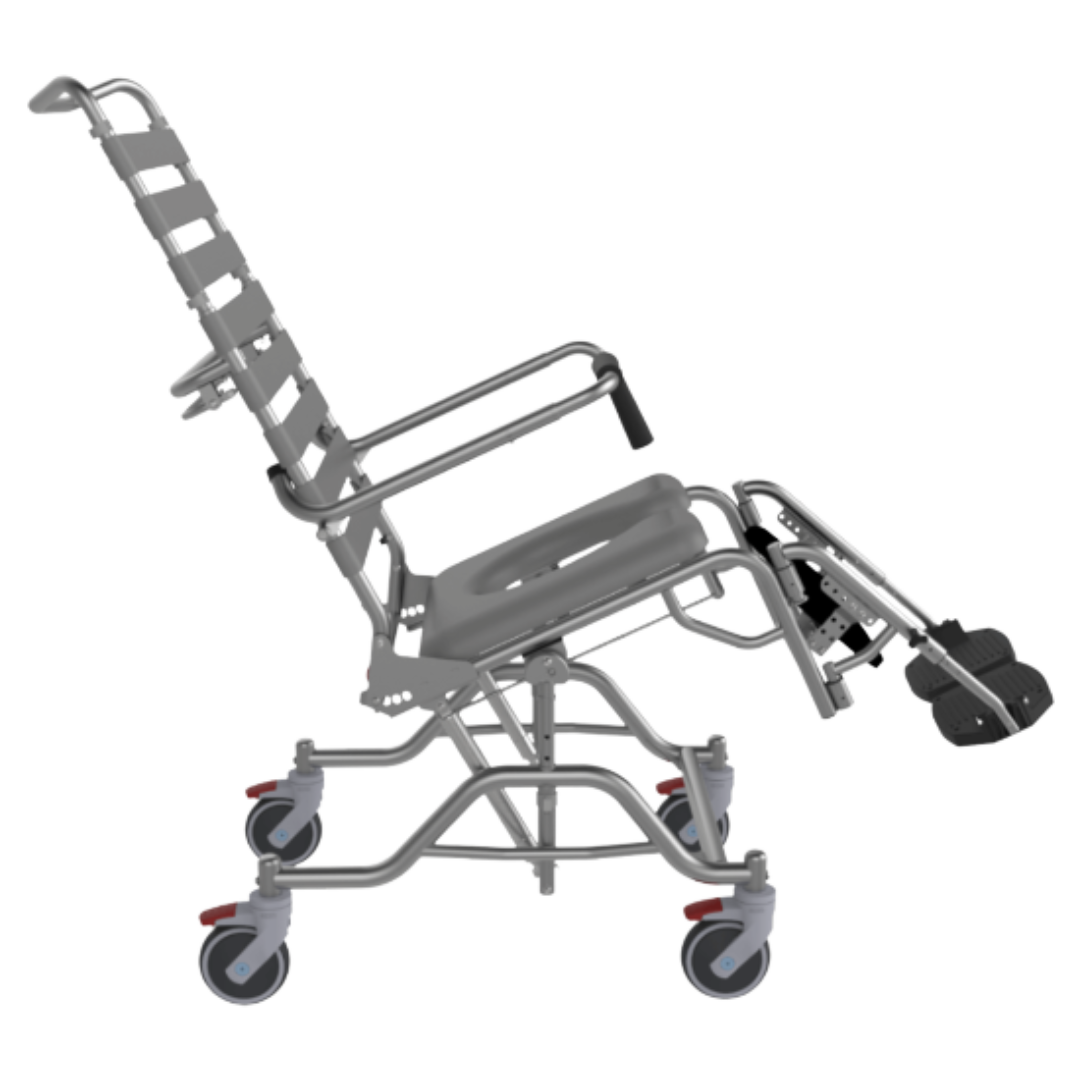 Aspire Tilt & Recline Shower Commode with adjustable armrests, padded seat, and stainless steel frame for accessible hygiene care.