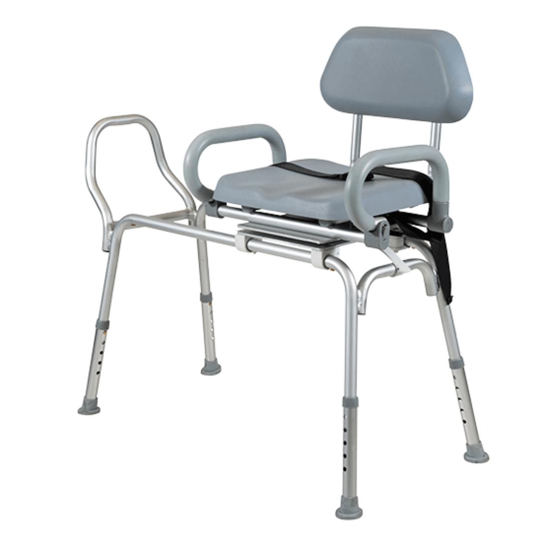 Aspire Transfer Bench with padded rotating seat and backrest, ideal for safe shower transfers and bathroom mobility support.
