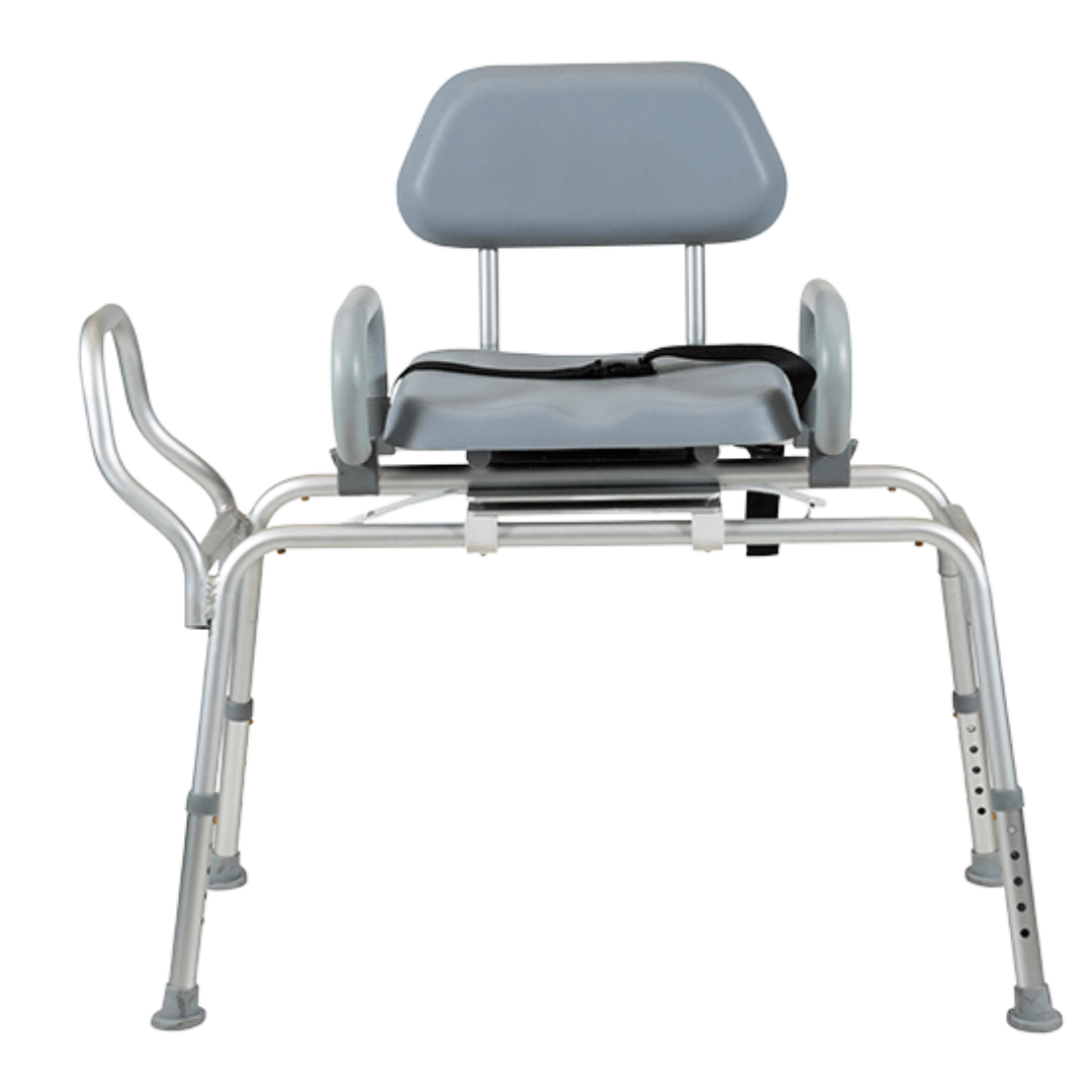 Aspire Transfer Bench with padded rotating seat and backrest, ideal for safe shower transfers and bathroom mobility support.