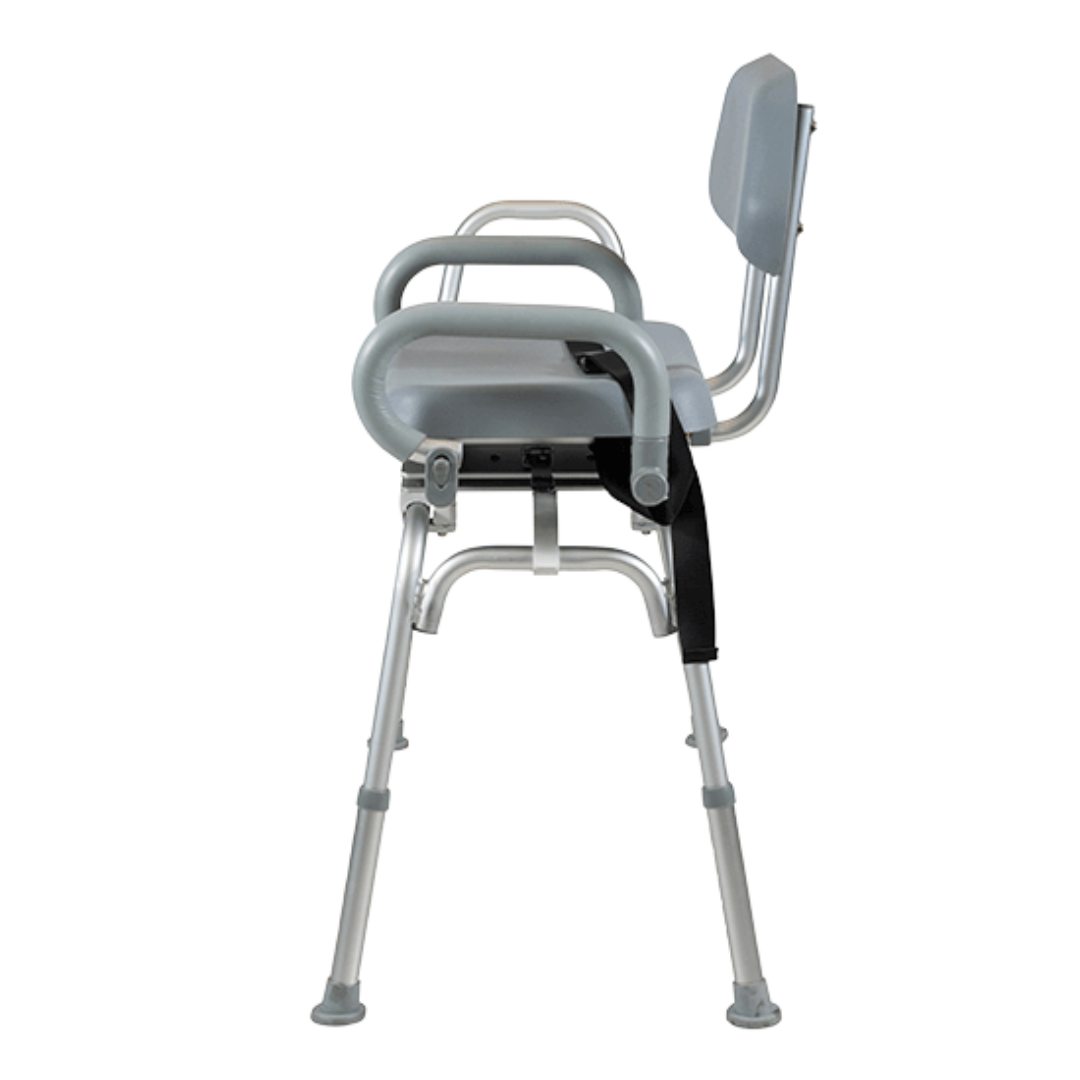 Aspire Transfer Bench with padded rotating seat and backrest, ideal for safe shower transfers and bathroom mobility support.