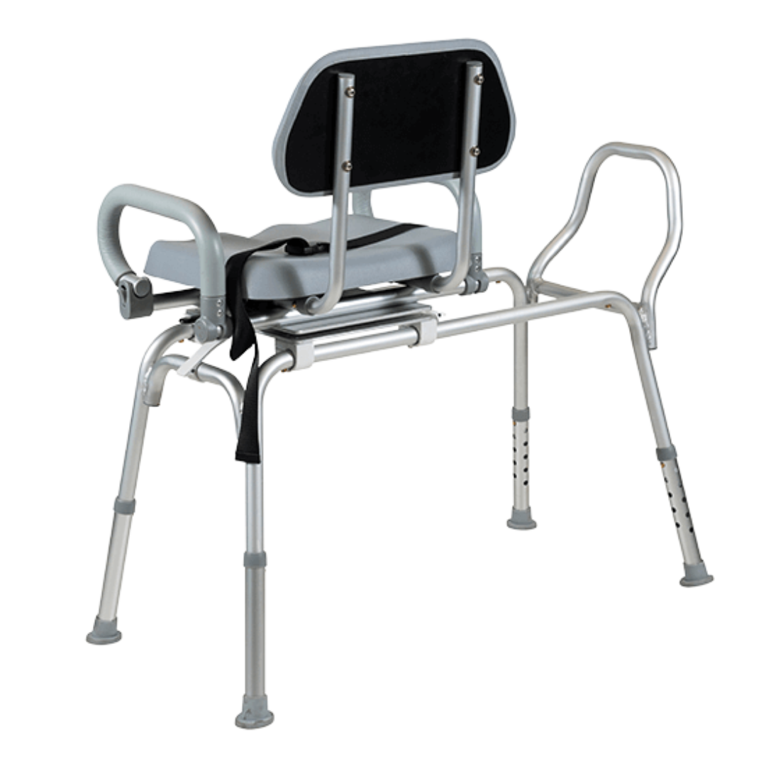 Aspire Transfer Bench with padded rotating seat and backrest, ideal for safe shower transfers and bathroom mobility support.
