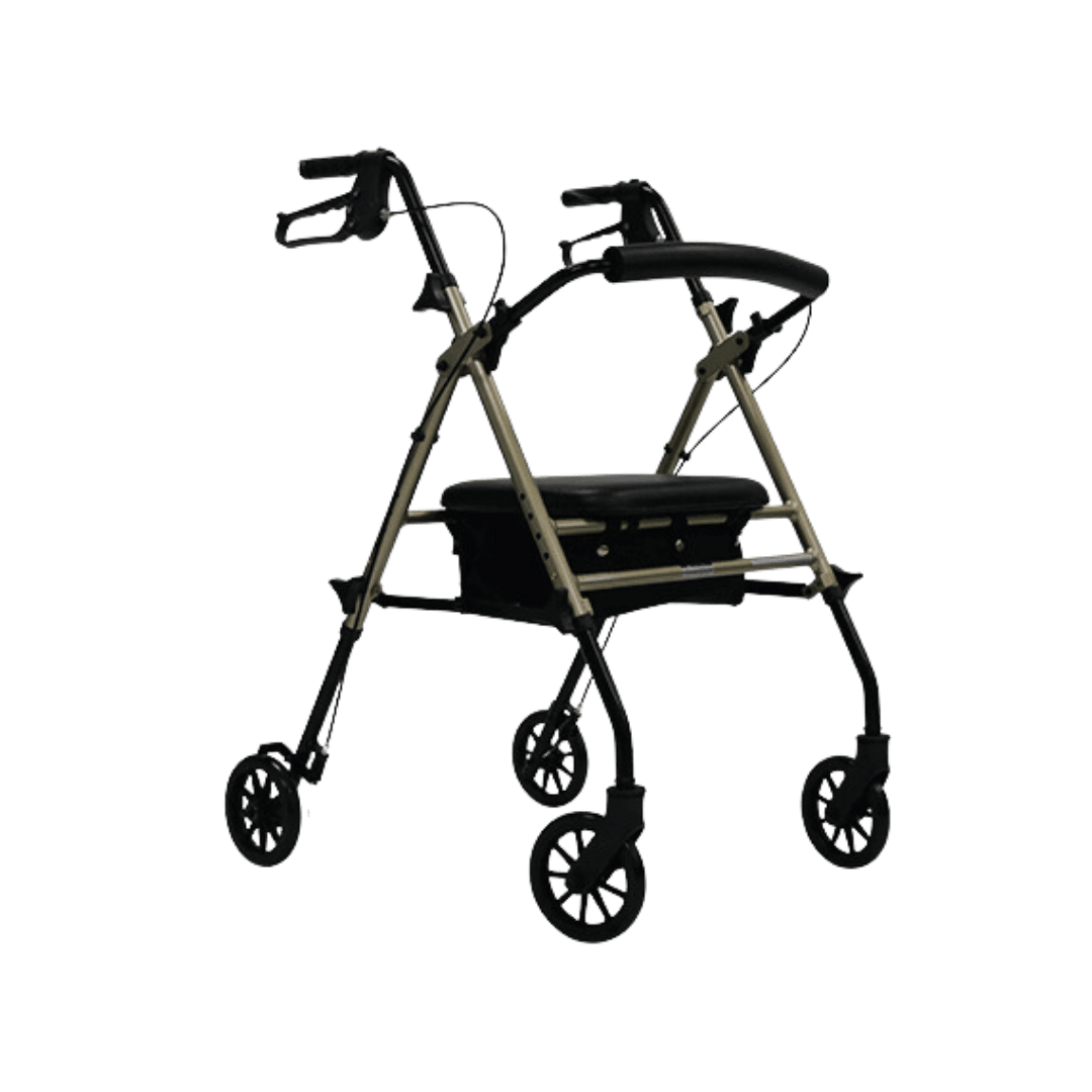 Aspire Flex 6 Adjustable Seat Walker – compact rollator with 6-inch wheels, height-adjustable seat, ergonomic brakes, and under-seat storage.
