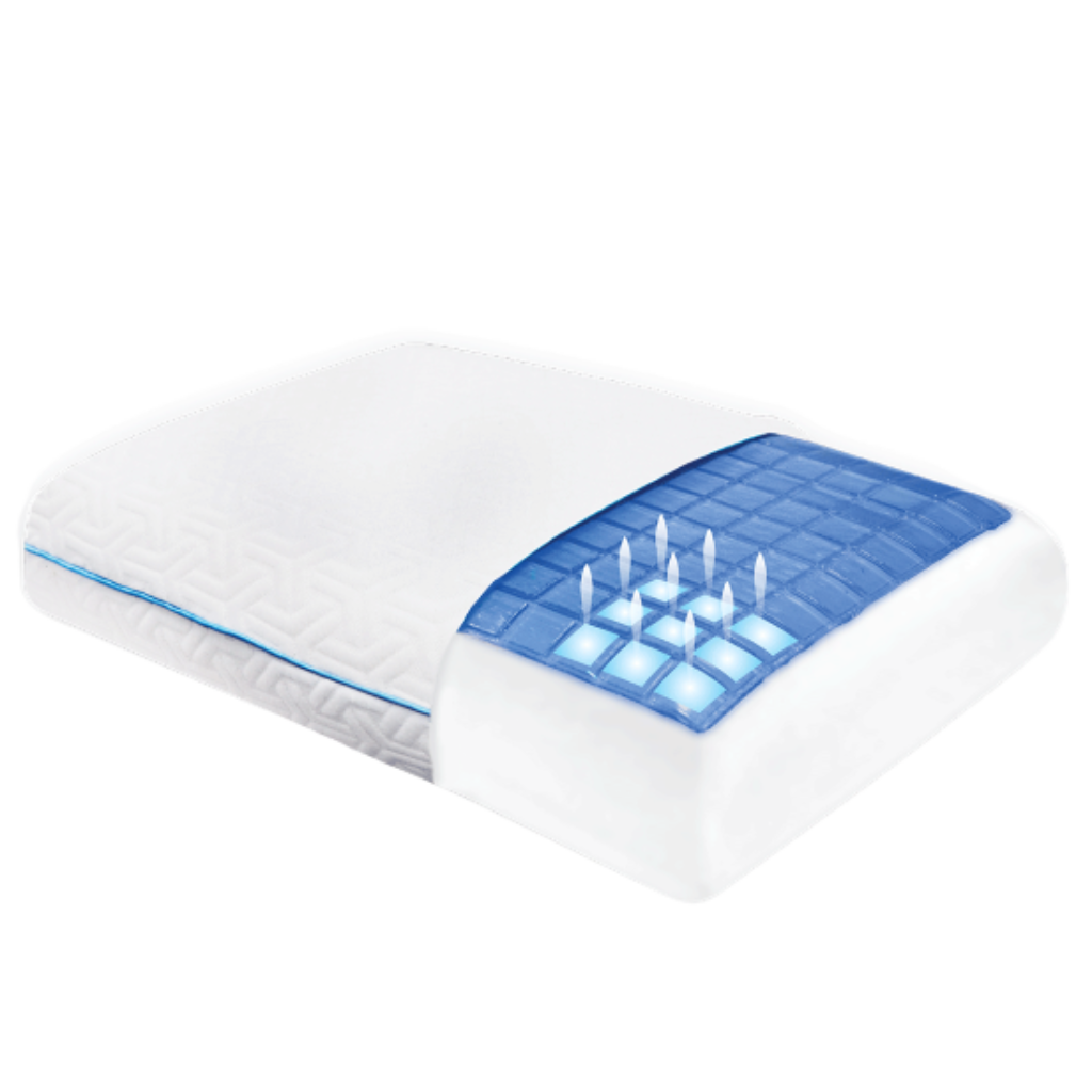 White pillow with blue gel cooling pad on a white background