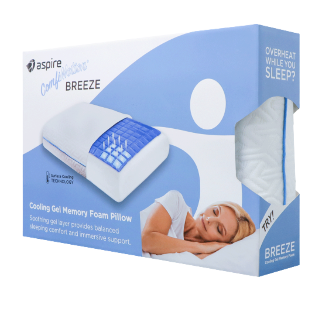 Aspire Comfort Breeze cooling gel memory foam pillow packaging on a white background