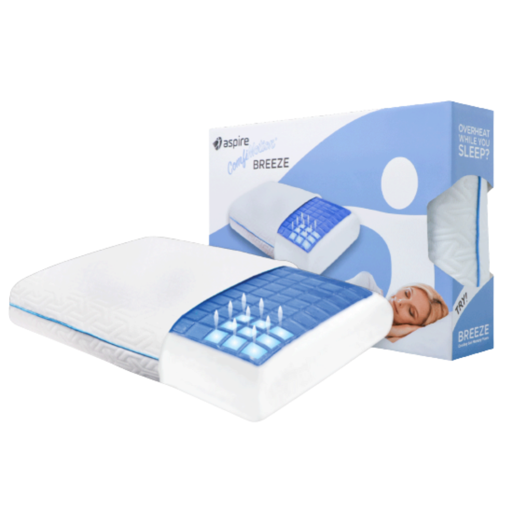 Sleep pillow with blue cooling pad and packaging on a white background