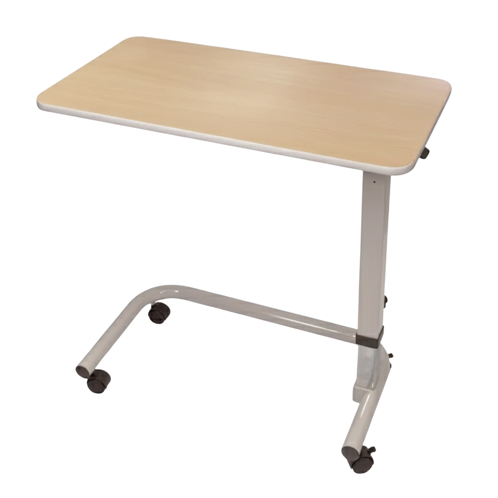 Adjustable hospital bed side table with beige top and white base on a white background