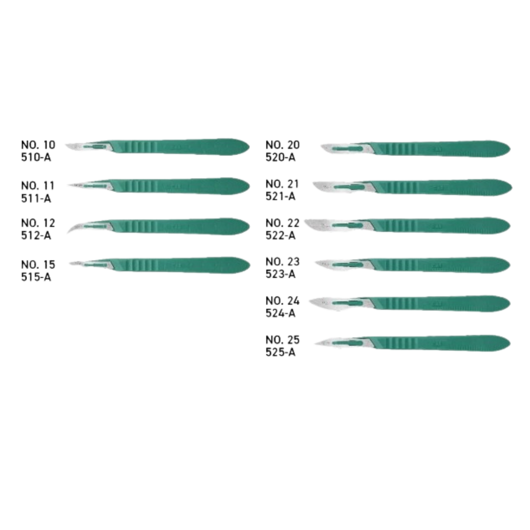 High-quality disposable scalpels in assorted sizes (No. 10, 11, 12, 15, 20–25) with ergonomic green handles. Ideal for precise surgical procedures and medical applications.