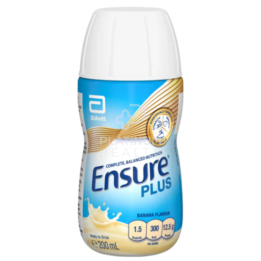Banana-flavored Abbott Ensure Plus ready-to-drink 200ml nutritional supplement with high protein and vitamins