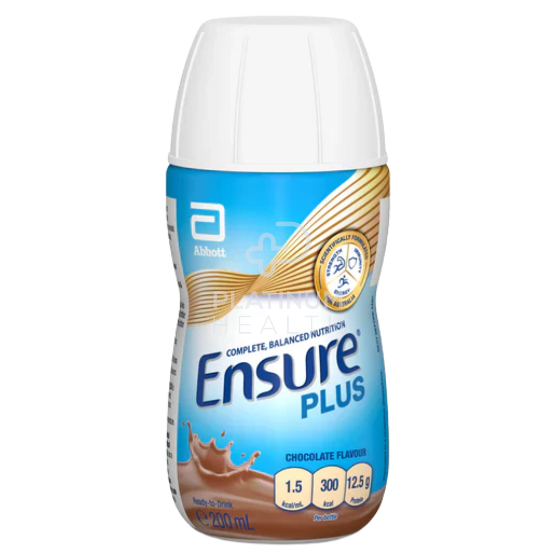 Chocolate-flavored Abbott Ensure Plus ready-to-drink 200ml nutritional supplement with high protein and vitamins