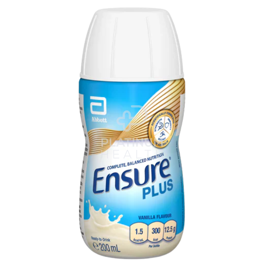 Vanilla-flavored Abbott Ensure Plus ready-to-drink 200ml nutritional supplement with high protein and vitamins