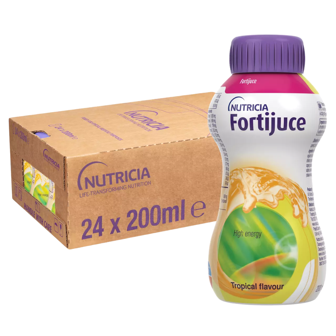 Fortijuce Tropical 200ml bottle – high-energy, lactose-free fruit nutrition drink for dietary support.