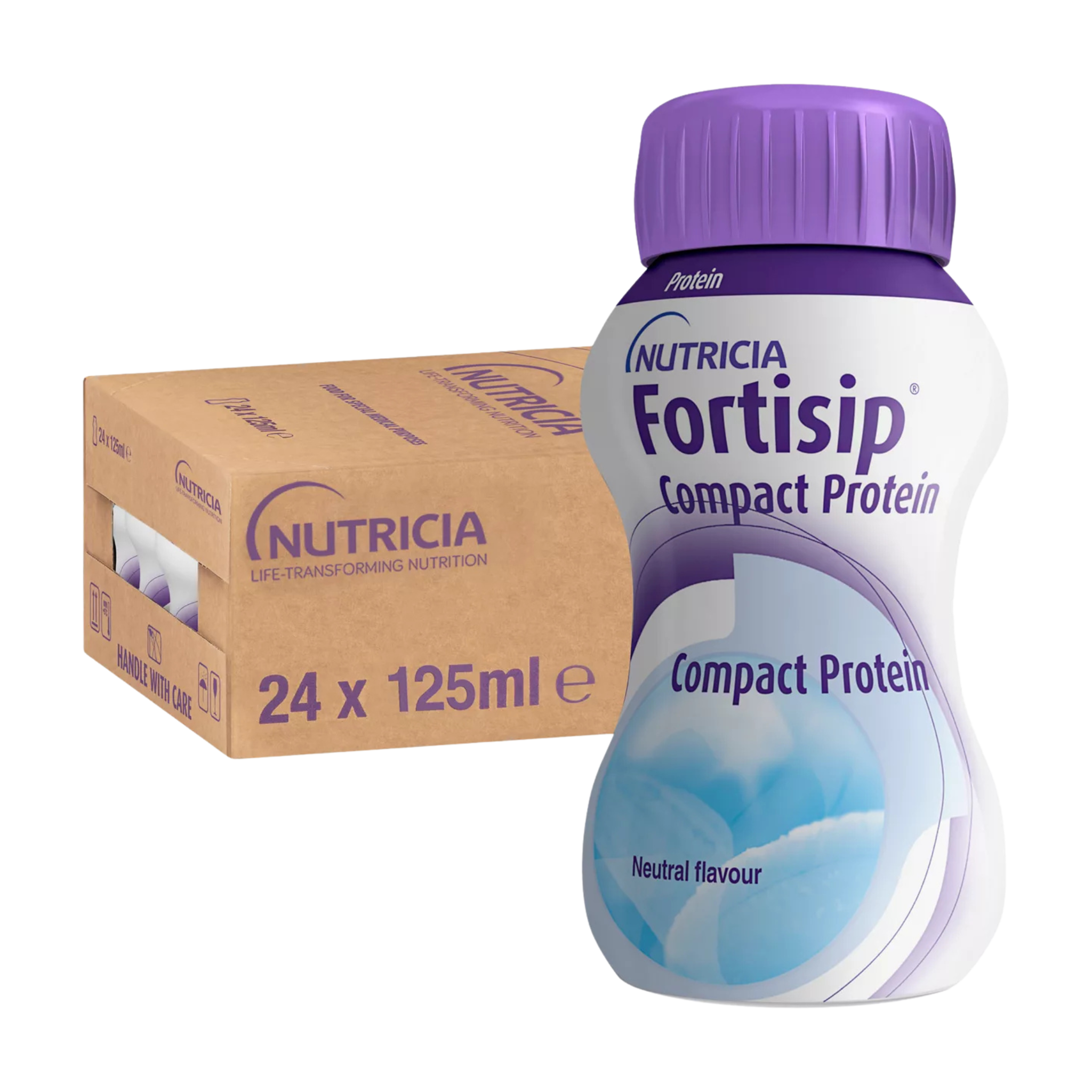 Nutricia Fortisip Compact Protein bottle with packaging on a white background
