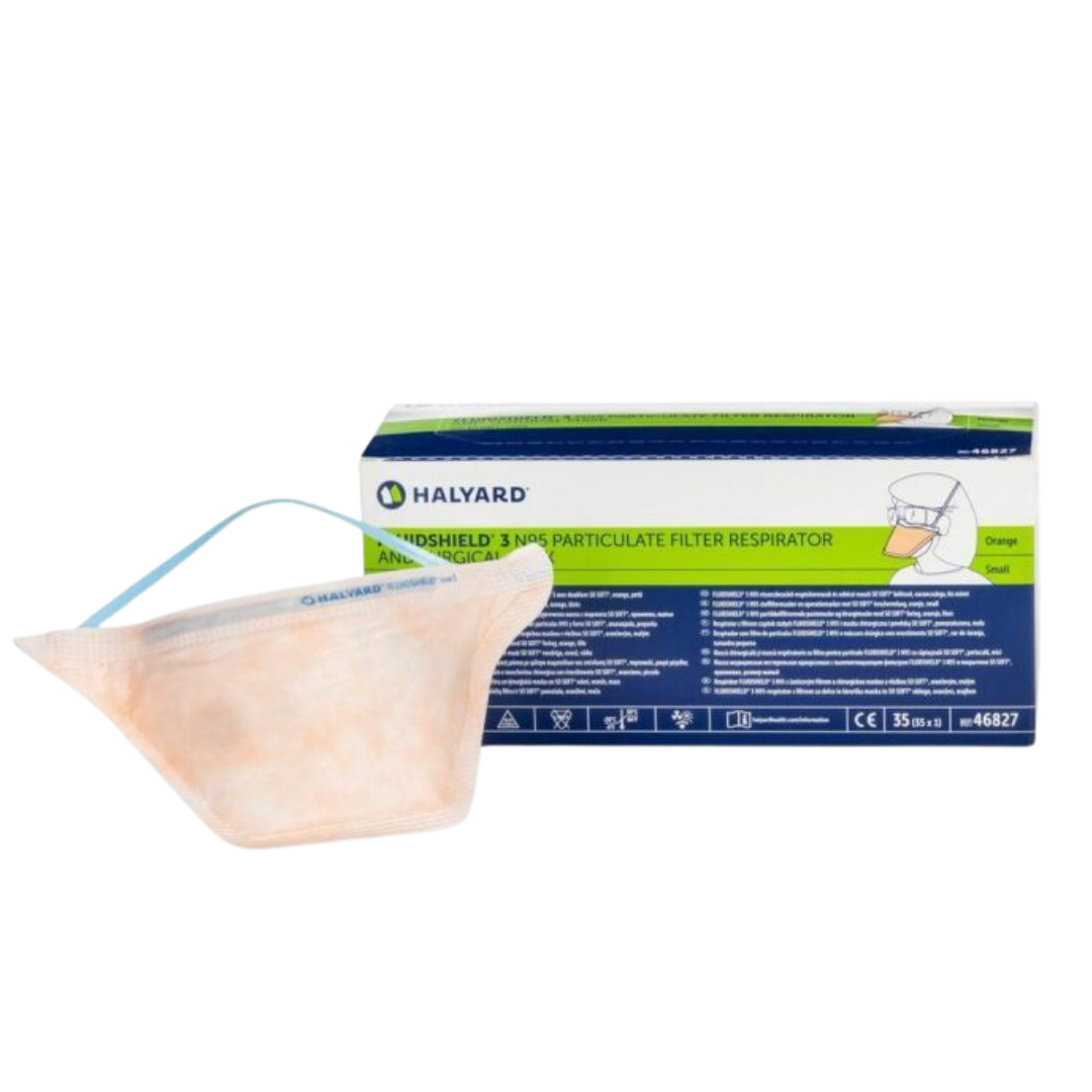 Halyard Fluidshield N95 small face mask with head straps for secure fit and fluid resistance.