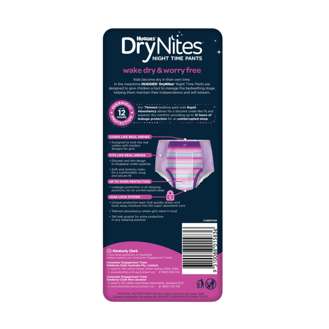 Huggies DryNites Pyjama Pants for Girls 8–15 Years, 8 Pack – discreet, absorbent night-time protection with underwear-like fit.