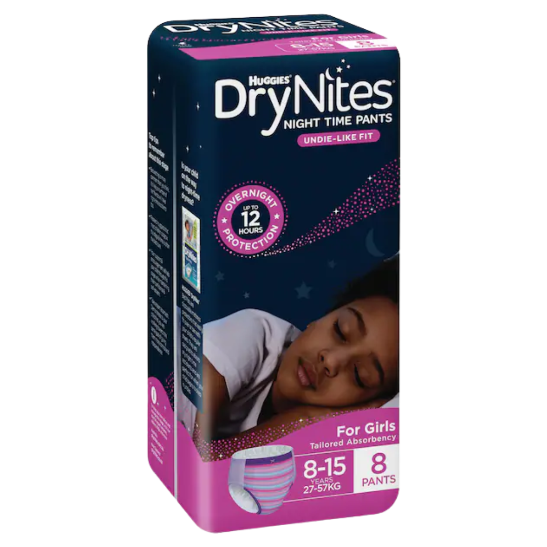 Huggies DryNites Pyjama Pants for Girls 8–15 Years, 8 Pack – discreet, absorbent night-time protection with underwear-like fit.