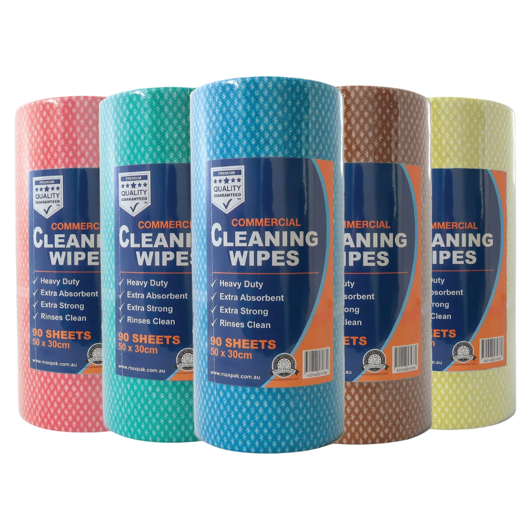 Maxvalu Cleaning Heavy Duty Commercial Wipes roll with 90 perforated, reusable sheets in colour-coded options, designed for food-safe, healthcare, and industrial cleaning applications.