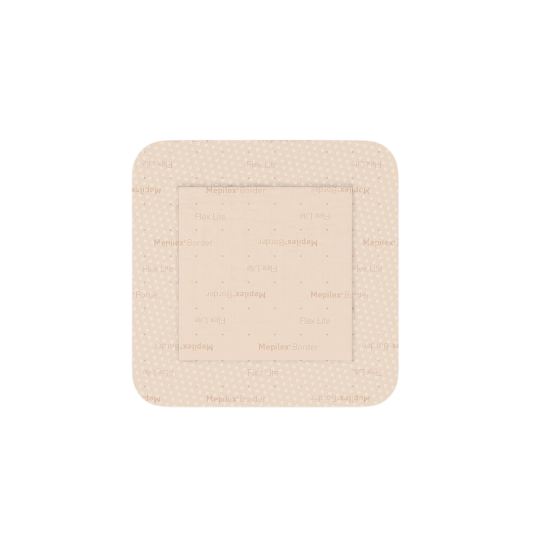 Mepilex Border Flex Lite 7.5 x 7.5cm silicone foam dressing for low-exuding wounds, with Safetac technology and flexible design.