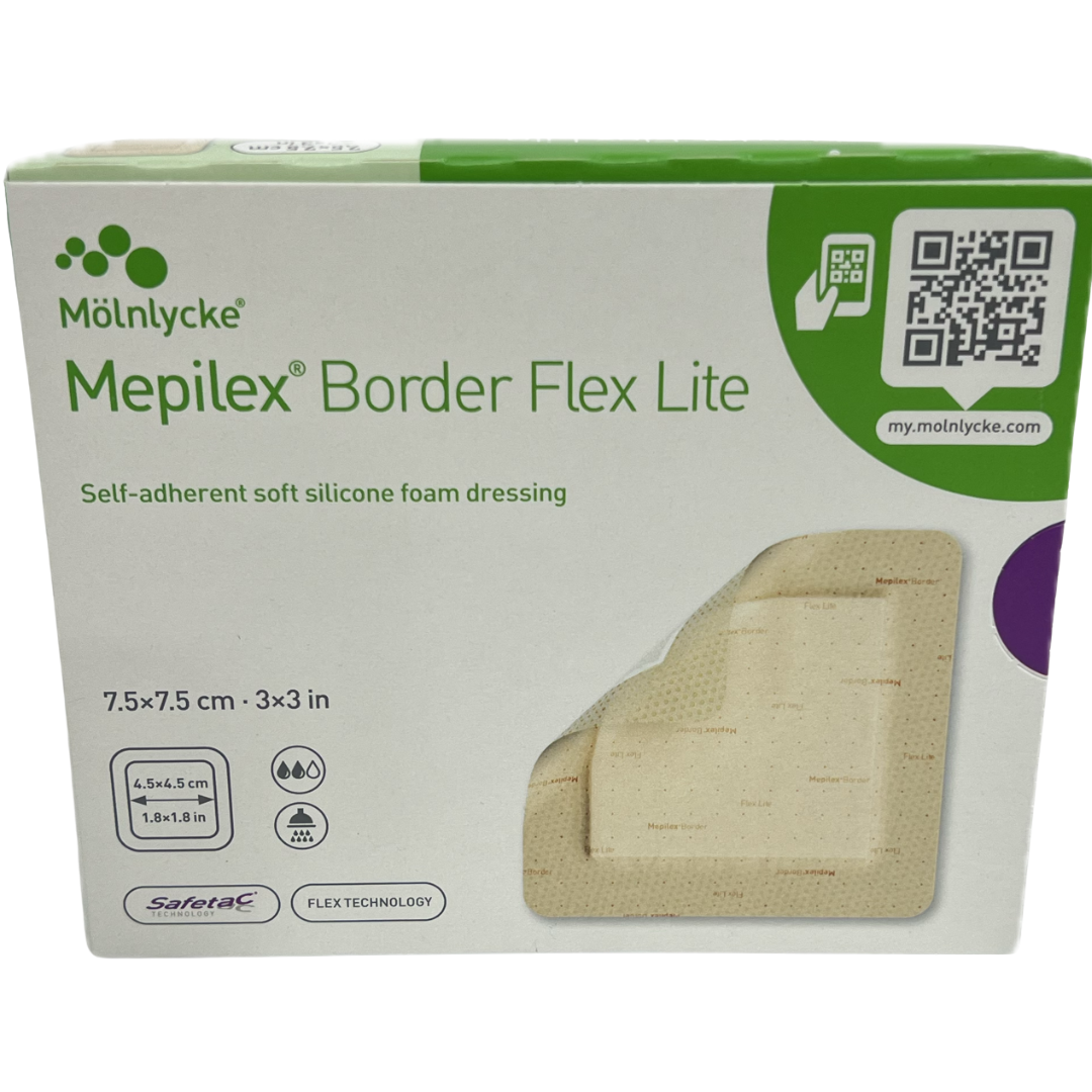 Mepilex Border Flex Lite 7.5 x 7.5cm silicone foam dressing for low-exuding wounds, with Safetac technology and flexible design.