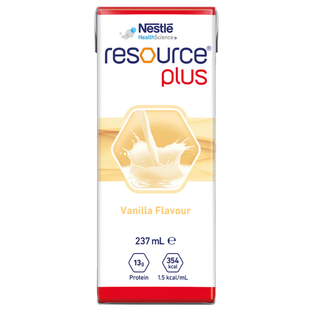 Nestlé Resource Plus Vanilla Prism 237mL bottle, a high-protein, high-calorie nutritional supplement designed for medical nutrition and recovery support.