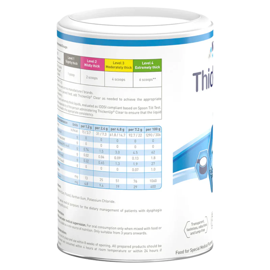 Nestlé ThickenUp Clear Neutral 900g can – instant thickener for dysphagia, suitable for hot and cold drinks and food.