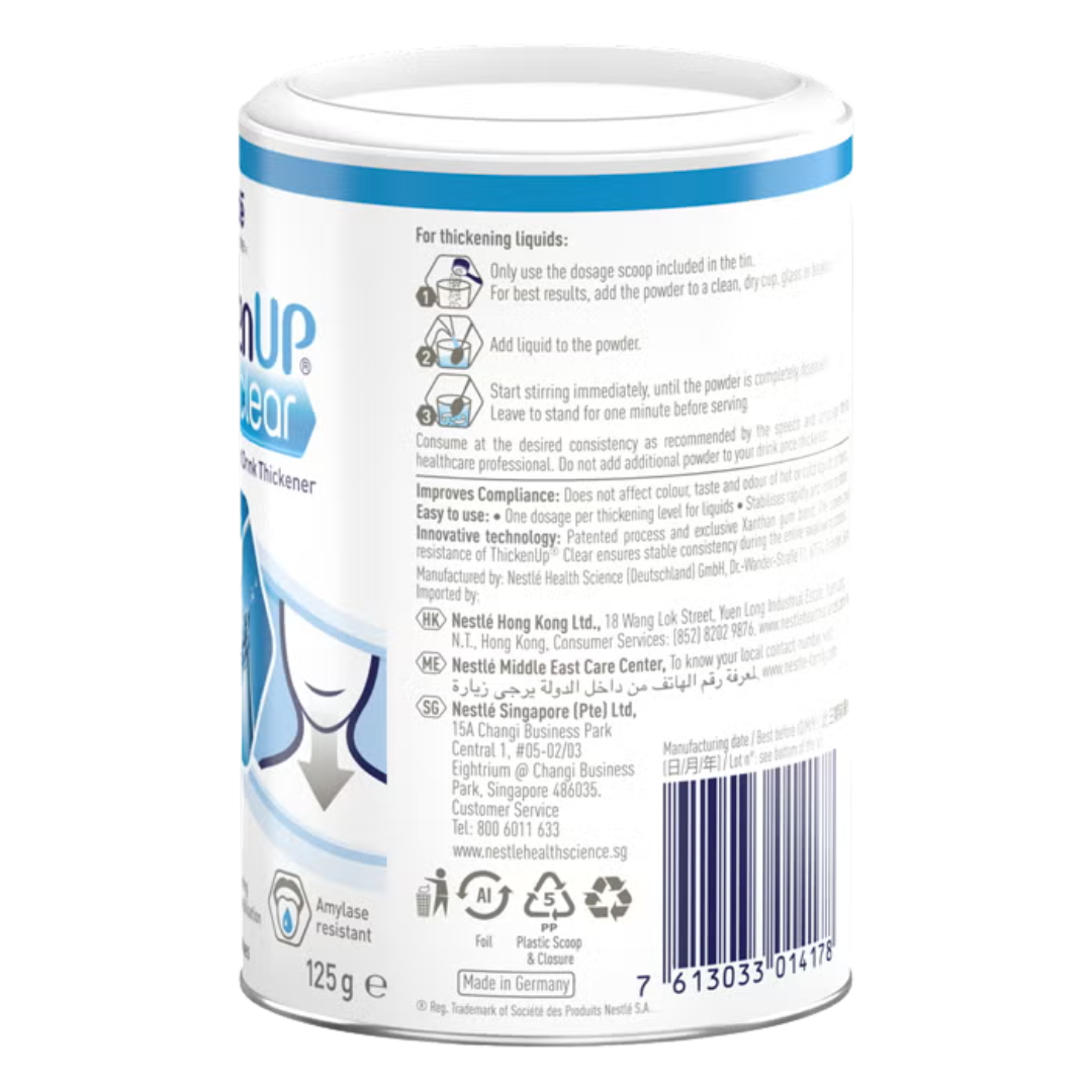 Nestlé ThickenUp Clear Neutral 900g can – instant thickener for dysphagia, suitable for hot and cold drinks and food.