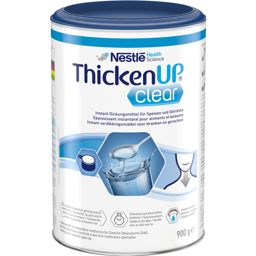 Nestlé ThickenUp Clear Neutral 900g can – instant thickener for dysphagia, suitable for hot and cold drinks and food.