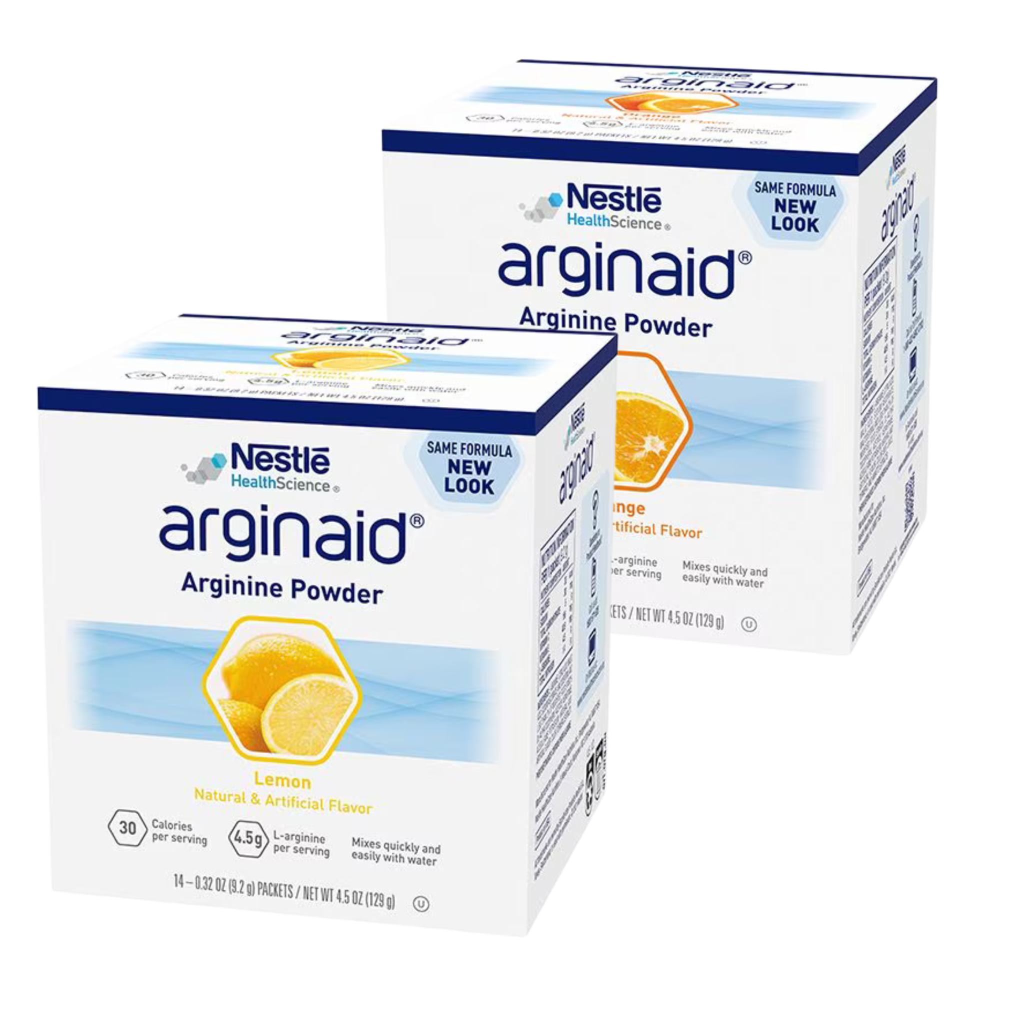 Two boxes of Nestle arginaid Arginine Powder on a white background
