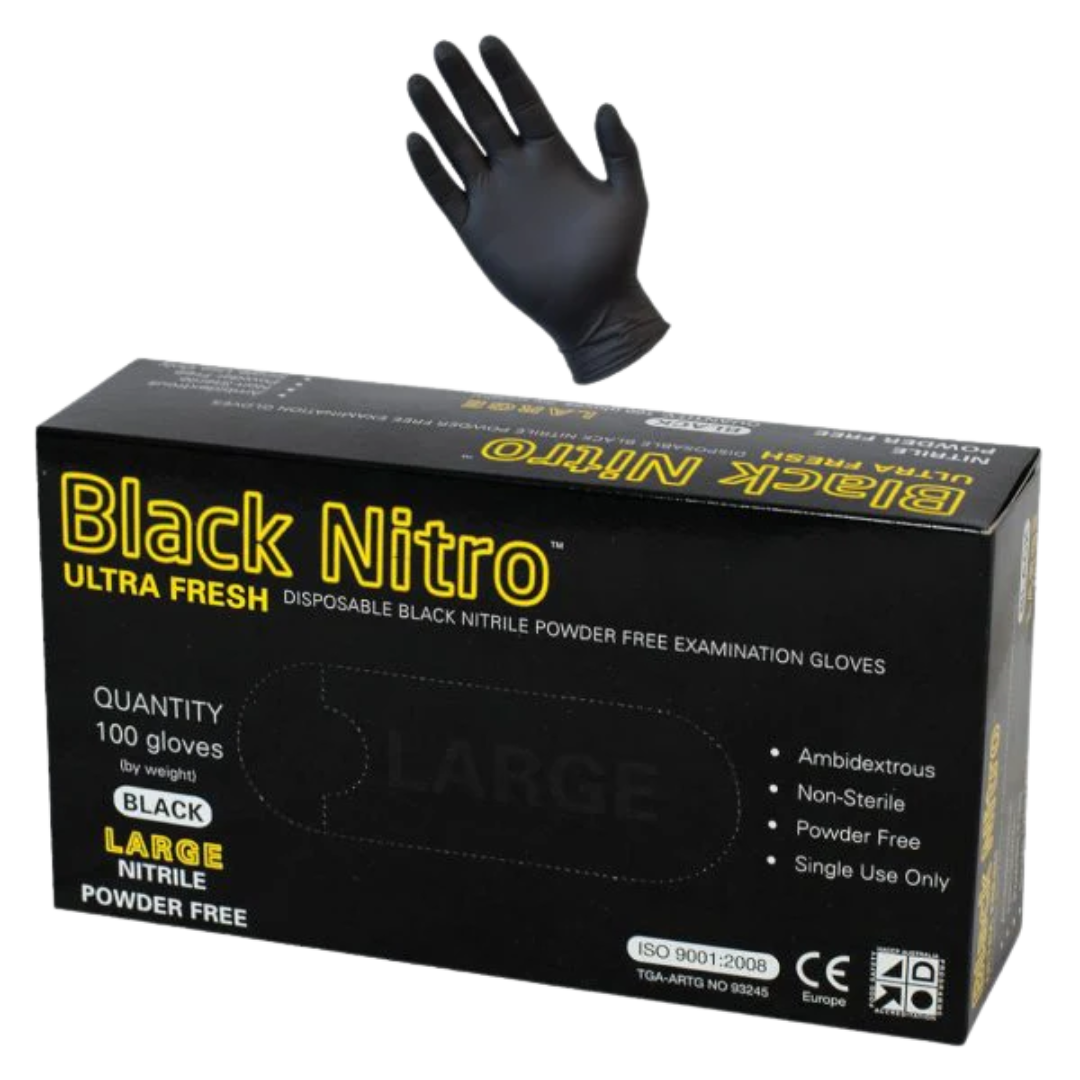Black industrial nitrile gloves – powder-free, heavy-duty 5.5g disposable gloves for chemical and puncture resistance.