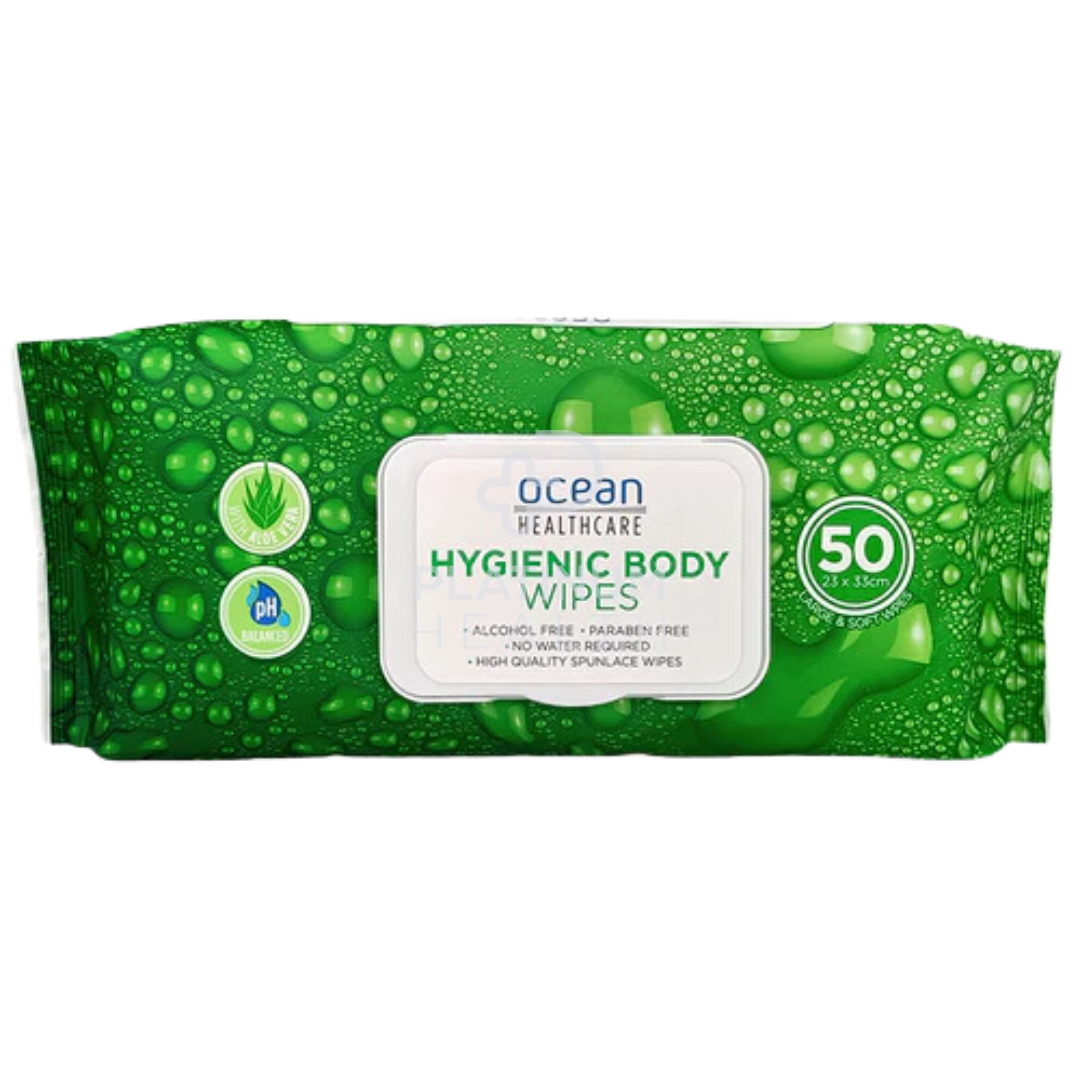 A pack of Ocean Healthcare Adult Wipes, with a green background and aloe vera depicted on the packaging.