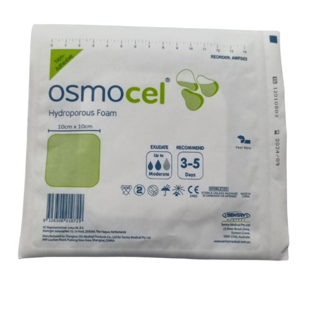 OsmoCel hydroprous foam dressing in individual pack, size 10cm x 10cm. Ideal for managing moderate exudate and promoting wound healing.