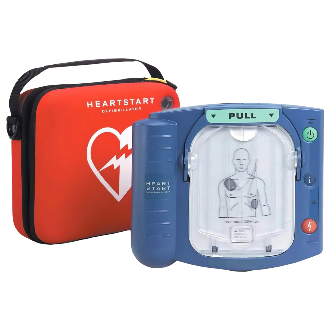 Philips HeartStart HS1 Defibrillator – easy-to-use AED with wall mount and 3D reflective sign for fast cardiac emergency response.