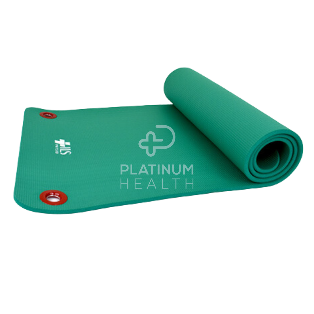 Green 10mm Pilates & Yoga Exercise Mat, half-rolled to showcase its thick cushioning, non-slip textured surface, and portable design for enhanced comfort and stability during workouts