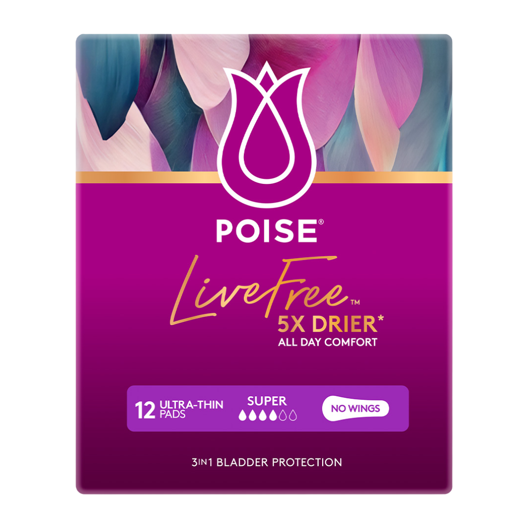 Poise LiveFree Non-Wing Pad Super – Discreet, absorbent pad for moderate bladder leakage with odour control