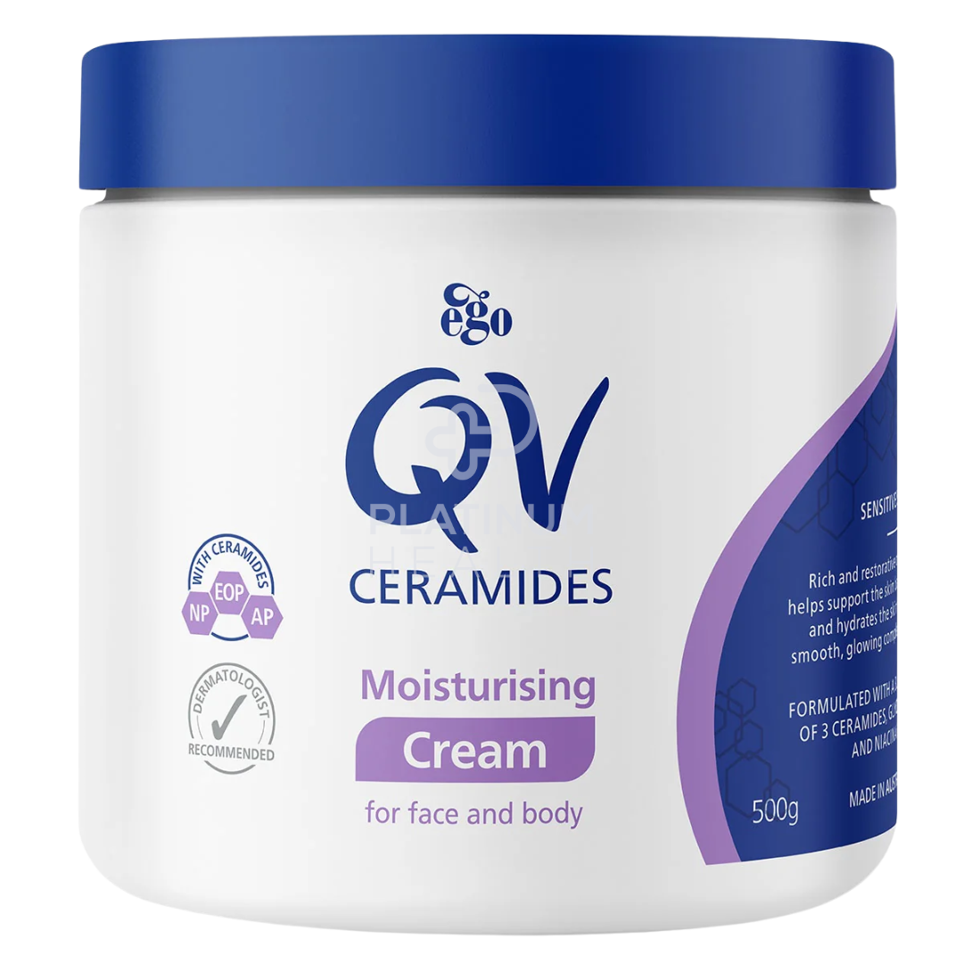 QV Ceramides Cream 500g jar - Gentle, fragrance-free moisturizer for dry and sensitive skin, providing 24-hour hydration and barrier protection.