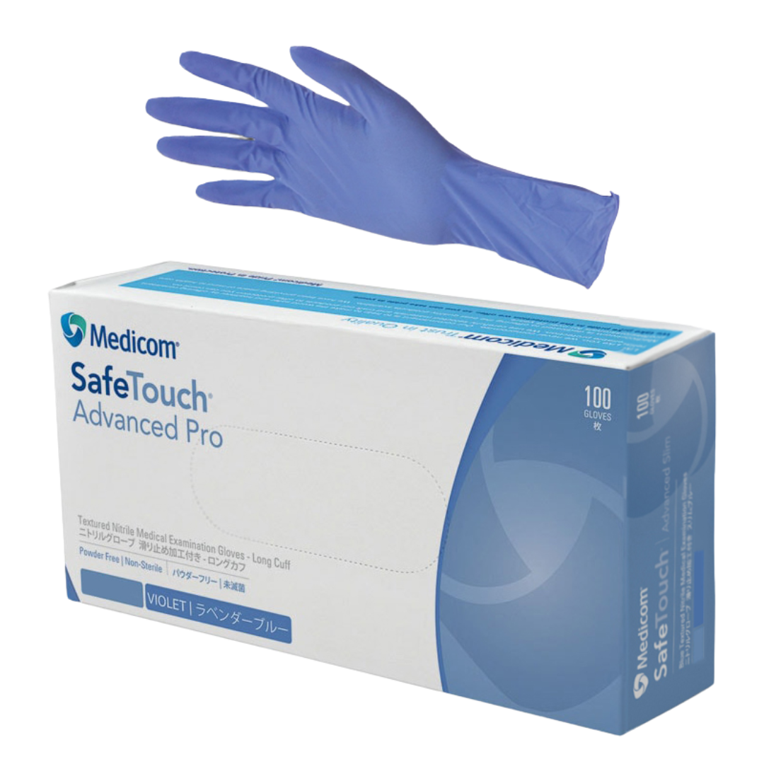 Box of SafeTouch Advanced Pro Long Cuff Violet Nitrile Gloves – powder-free, chemo-rated, and latex-free for medical and industrial protection.