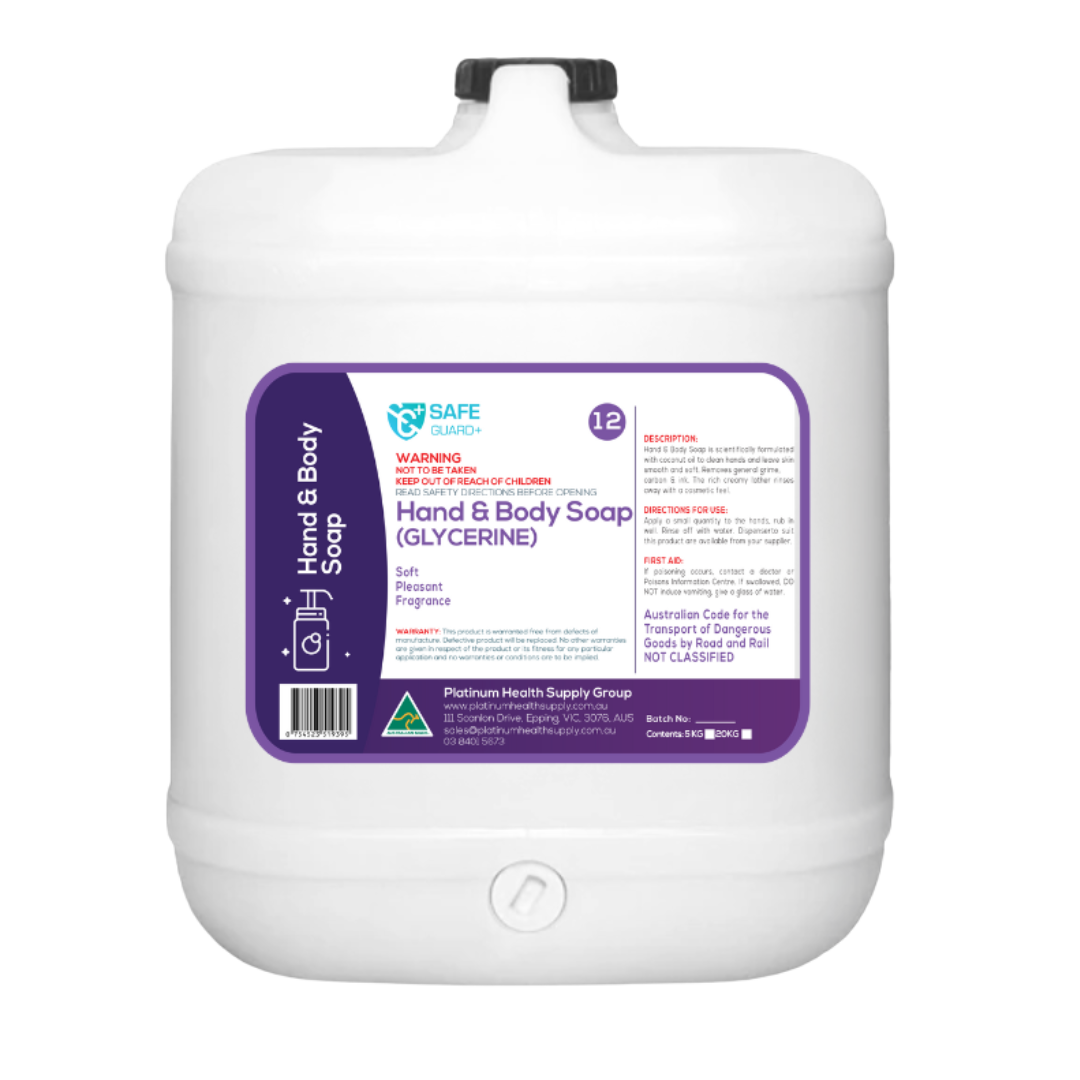 Bottle of SafeGuard+ Hand & Body Soap (Glycerine), formulated with moisturising glycerine for gentle, everyday cleansing in clinical, commercial, or home environments.