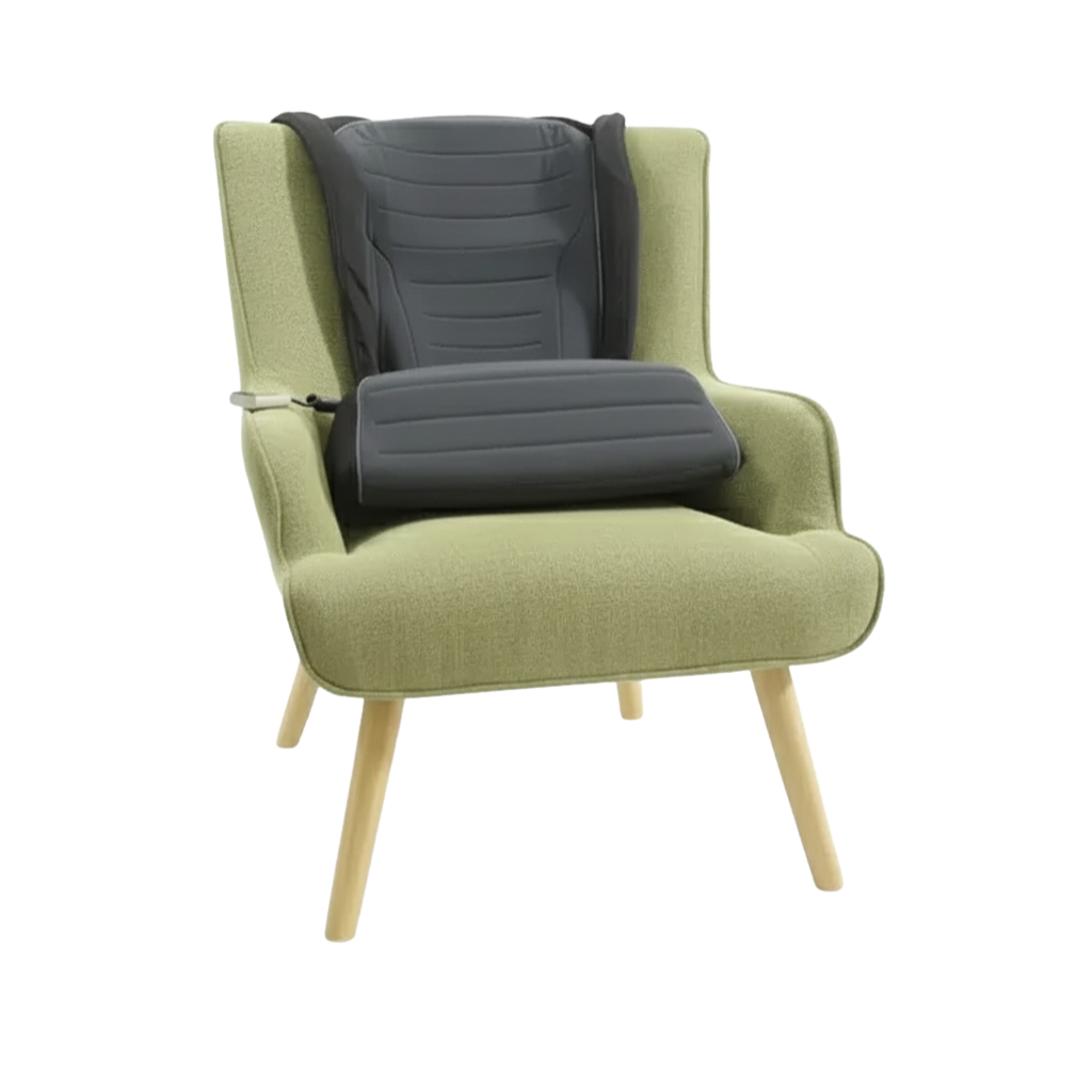 Green armchair with a gray cushion on a white background