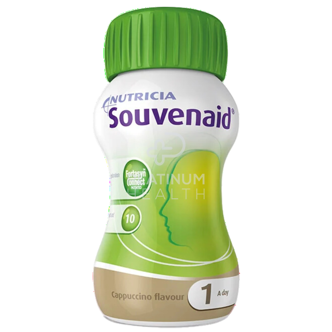 Nutricia Souvenaid 125ml cappuccino-flavored nutritional drink, formulated with Fortasyn Connect nutrients to support brain health. The bottle features a green cap and a sleek design, highlighting its daily use for cognitive support.