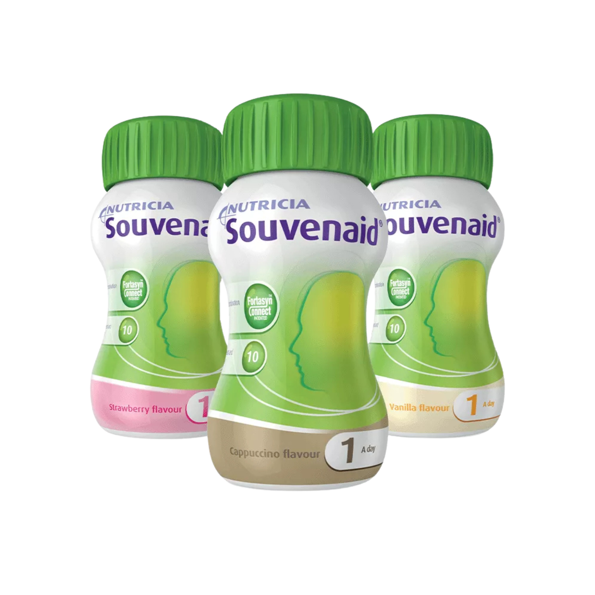 Three bottles of Nutricia Souvenaid on a white background