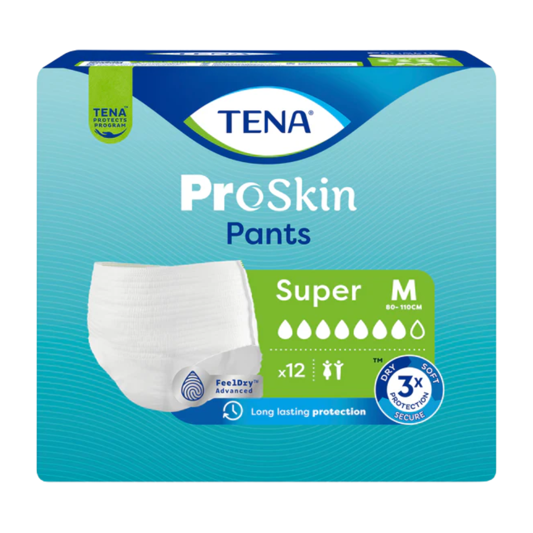 TENA Pants ProSkin Super Medium – high-absorbency pull-up incontinence pants for moderate to heavy leakage, designed for comfort and skin health.